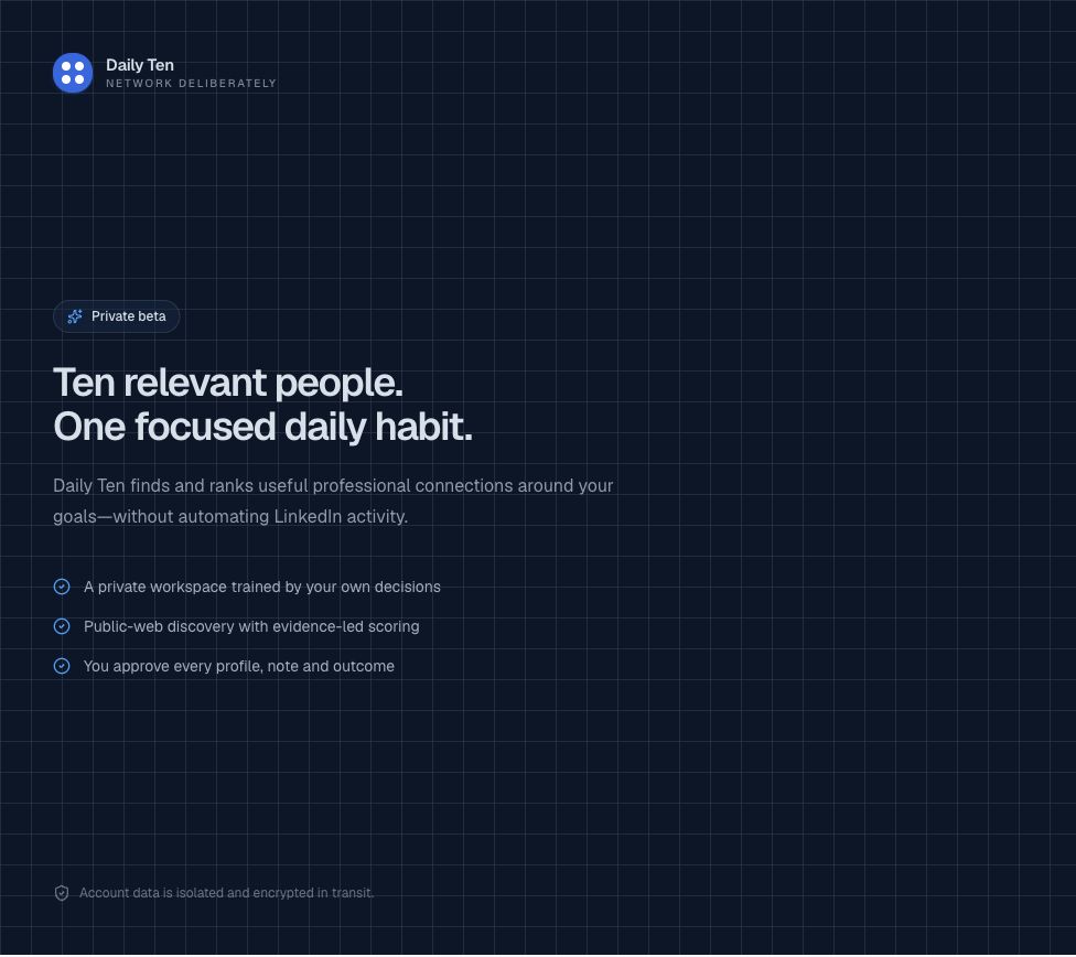 Daily Ten professional networking platform with the message ten relevant people, one focused daily habit