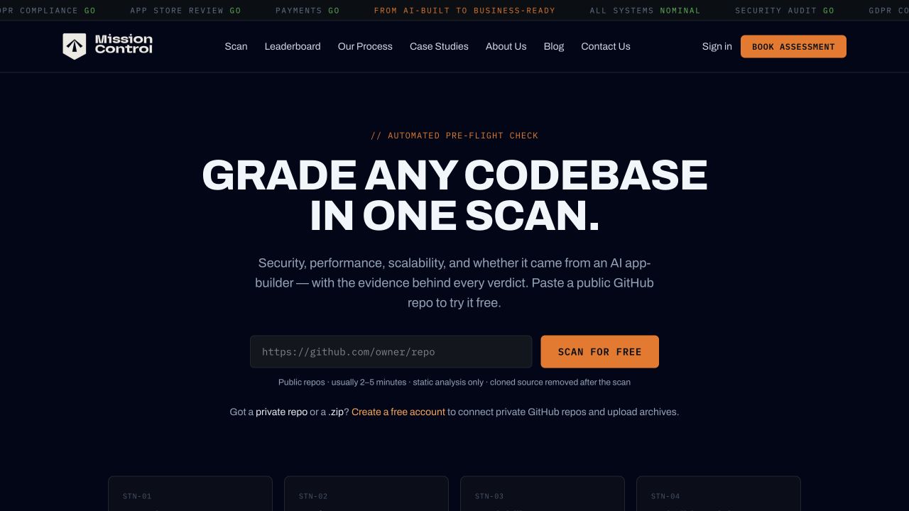Mission Control AI app scanner showing codebase analysis for security, performance, scalability and AI app-builder origin